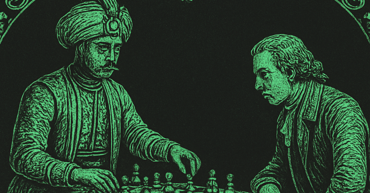 Engraving of the Mechanical Turk chess automaton facing a human opponent